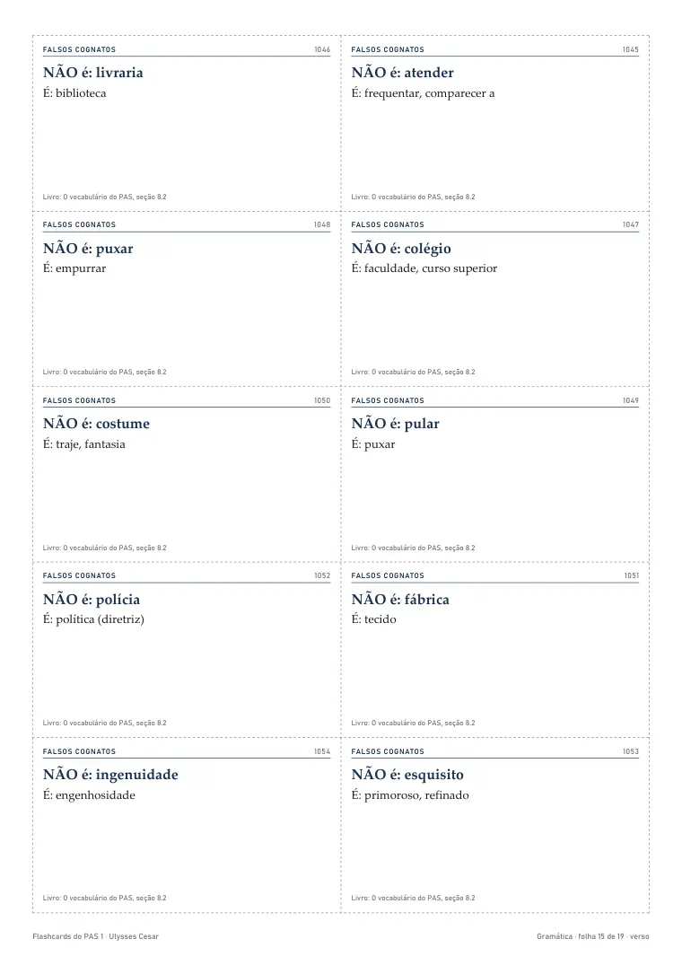 Cartões de falsos cognatos, da parte de gramática