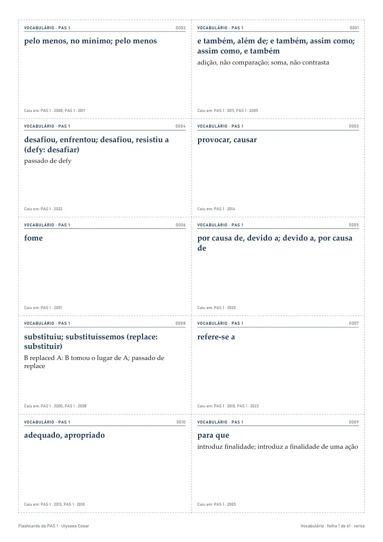 Verso de cartões de vocabulário do PAS 1